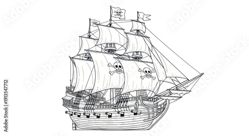 Pirate Ship with Jolly Roger Flags, Black and White Drawing