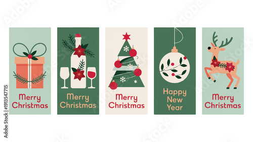 A festive collection of five minimalist Christmas and New Year greeting cards featuring holiday symbols such as a gift, wine, Christmas tree, bauble, and reindeer