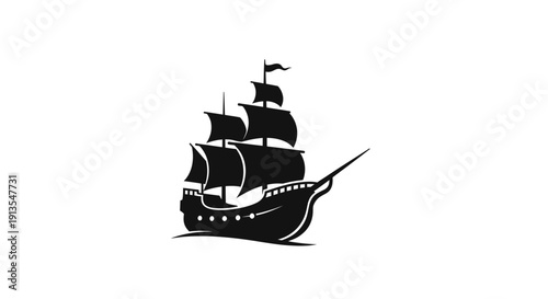 Silhouette of an old sailing ship with full sails on white background