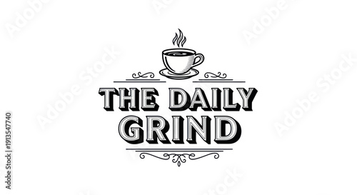 The Daily Grind Coffee Cup Logo with Steam and Ornate Design