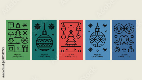 A Set of Five Minimalist Christmas Card Designs Featuring Ornaments and Festive Icons in a Linear Style