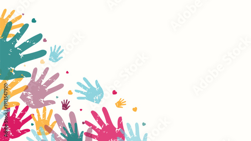 Colorful Handprint Abstract Background with Hearts and Grunge Texture
