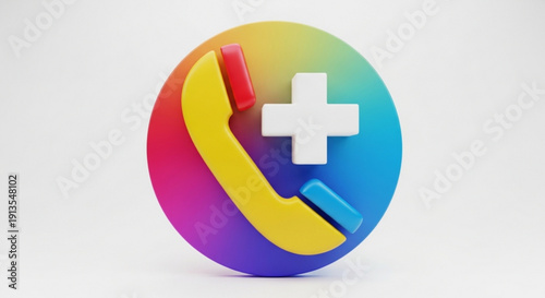Colorful 3d phone icon with white medical cross on gradient background for healthcare or emergency services concept