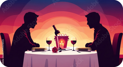 Romantic dinner for two in a cozy setting at sunset with wine and candlelight on a table
