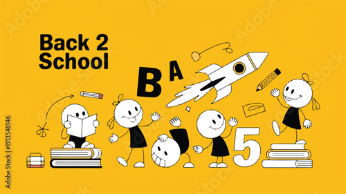Cheerful minimalist illustration of diverse students engaging in educational activities, celebrating the exciting return to school and the joy of learning with books, pencils, and imaginative elements