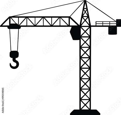 Clean Black-and-White Illustration of an Urban Building Site Tool, Minimalist Tower Crane Icon for Civil Engineering and Development, vector, illustration, silhouette.