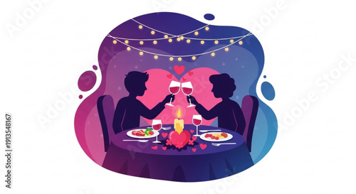 Romantic dinner date for two people sitting at a table with wine glasses and plates of food in a cozy restaurant setting with string lights
