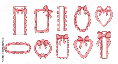 Collection of ornate red frames and heart-shaped decorations with bows displayed together