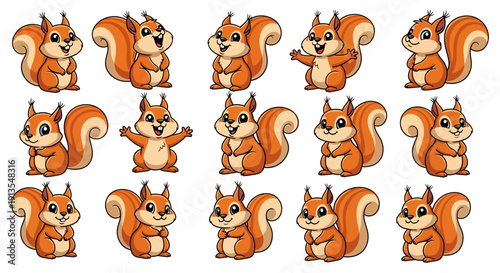 Collection of cartoon squirrels in various poses and actions displayed in a grid pattern on a clean background