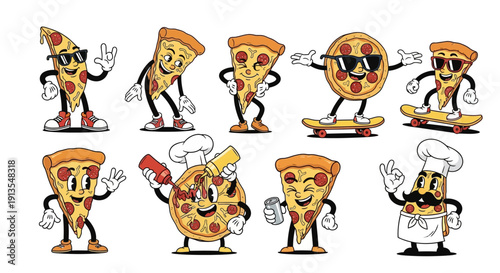Cartoon pizza characters performing various skateboarding stunts and actions, showcasing fun and playful personalities in a lively illustration.