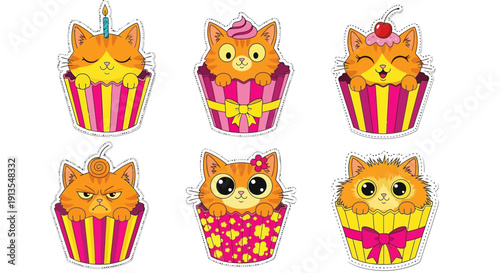 Six cartoon cats in colorful cupcake wrappers with various decorations on a plain background from a straightforward viewpoint