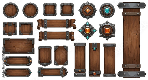 Collection of wooden elements and metal fixtures for game design, featuring various shapes and sizes, digital illustrations, isolated on a plain background, viewed from directly above.