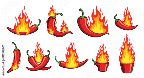 Set of fiery red chili peppers engulfed in flames, isolated on a white background, vector illustrations