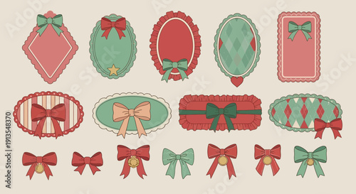 Collection of festive frames and bows in red and green hues displayed together on a neutral background viewed from a straightforward perspective