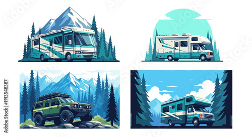 Recreational vehicles in scenic mountains and forest landscape illustrations