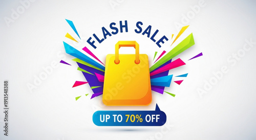 Vibrant yellow shopping bag with flash sale sign and discount offer up to 70 off on white background