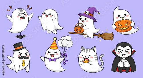 A set of cartoon ghosts and cats in Halloween costumes, including witches and vampires, on a purple background from a direct viewpoint