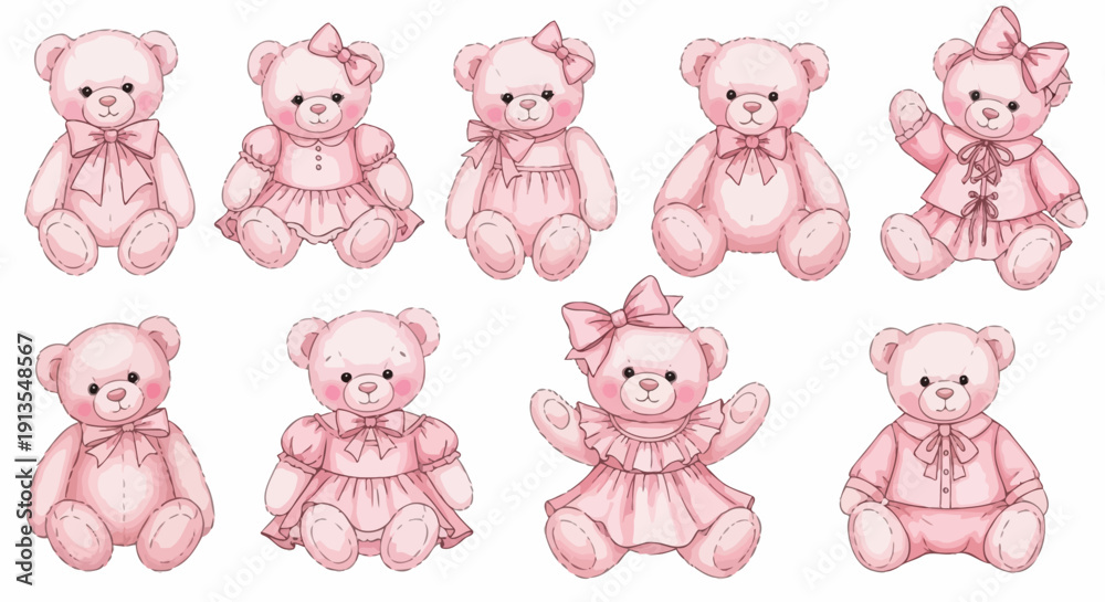 Obraz premium Set of pink teddy bears in various dresses and poses on a plain background from a front view