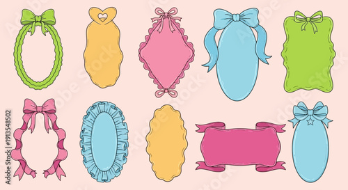 Collection of colorful illustrations featuring various frame designs and bows on a pastel background from a direct overhead viewpoint