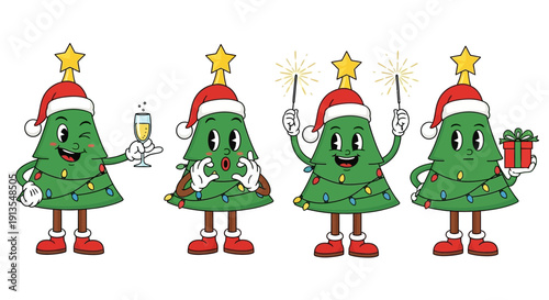 Four cartoon Christmas trees in Santa hats celebrating with drinks and gifts in a festive holiday scene