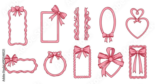 Collection of red decorative elements including ribbons, bows, and frames on a clean white background from a straightforward viewpoint
