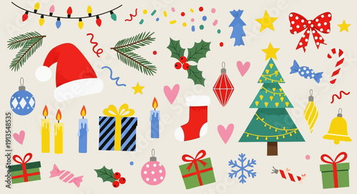 Vibrant Christmas elements including trees, hats, and gifts scattered in a festive illustration
