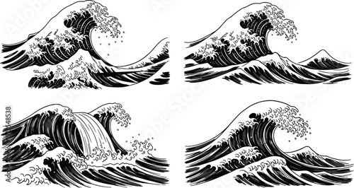 Set of hand drawn ocean wave illustrations, Japanese style sea surf sketches, black and white water splashes, vintage maritime vector.