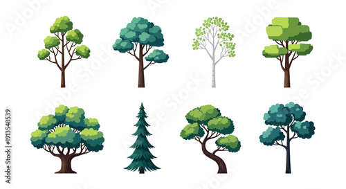 Collection of various tree illustrations showcasing different foliage and branches in a grid layout