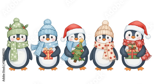 Five penguins wearing winter clothing and holding gifts stand together in a festive holiday scene.