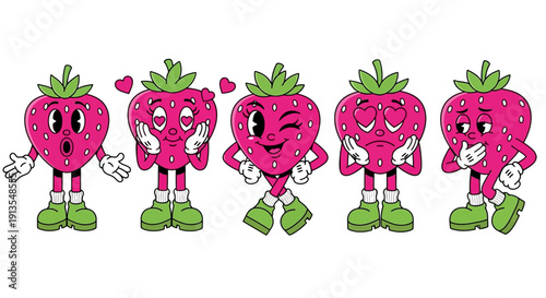 A row of five cartoon strawberries with different facial expressions standing together