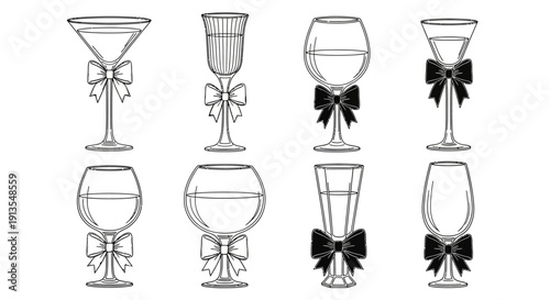 A collection of eight elegant glasses adorned with bows, arranged in a grid pattern, showcasing various glass styles and bow designs from a straightforward front viewpoint.