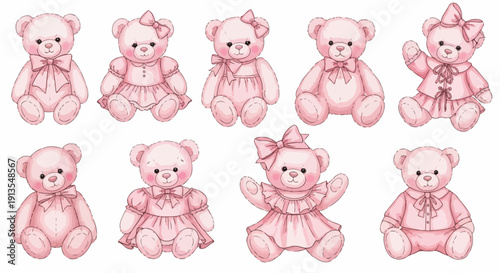 Set of pink teddy bears in various dresses and poses on a plain background from a front view