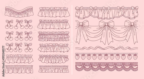 Collection of elegant line art decorative elements featuring drapes, ribbons, and bows in a minimalist style