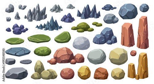 Collection of various colorful cartoon rocks and mountains in a digital illustration