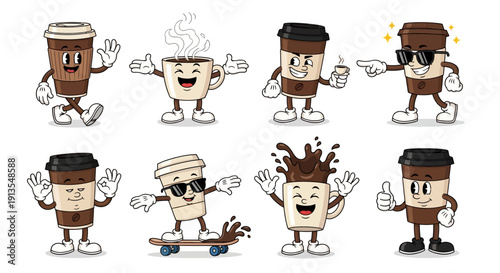 Cartoon coffee cups in various poses and actions, showcasing different emotions and activities, illustrated characters, white background, full body view