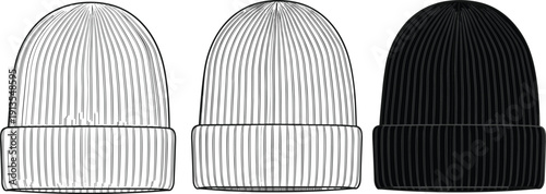 Set of Knitted Beanie Hat Templates, Winter Headwear Sketches, Ribbed Wool Cap Illustrations, Black and White Fashion Accessories for Tech Pack Design.