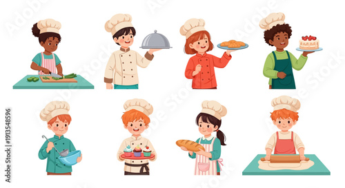 Diverse group of cartoon chefs preparing various dishes in a kitchen from a top-down viewpoint