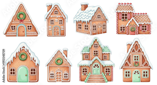 Collection of eight gingerbread houses with festive decorations and snow-covered roofs viewed from the front