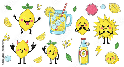 Vibrant cartoon lemons with various facial expressions and a refreshing glass of lemonade on a clean white background from a direct viewpoint
