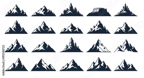 Collection of mountain silhouettes with varying snow coverage and peak shapes displayed in a grid pattern.