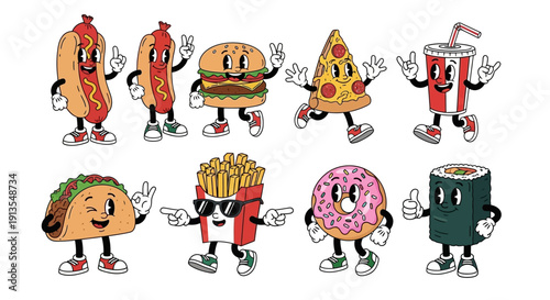 Collection of cartoon food and drink characters with happy expressions standing together in a group