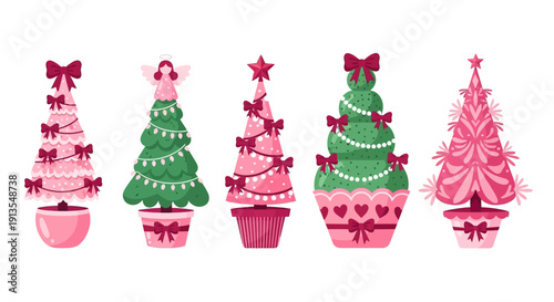 Festive Christmas trees in cupcake form with decorations and ornaments displayed in a row