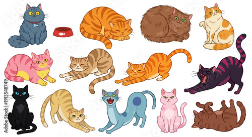 Collection of various cartoon cats in different colors and poses displayed together in a grid