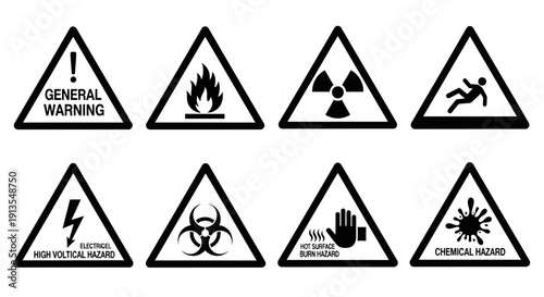 Set of warning signs for hazardous situations and biohazard symbols in triangular frames