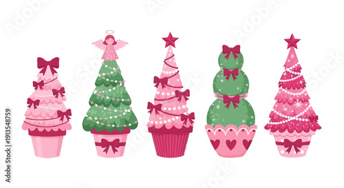 Festive cupcakes decorated as Christmas trees with pink frosting and red stars