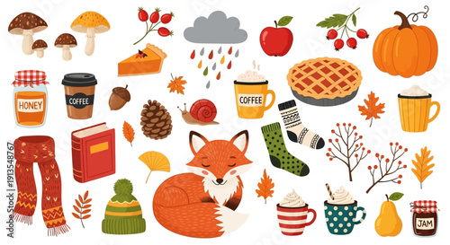 Cozy autumn scene with fox, food, and seasonal accessories arranged together