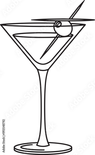 Classic Martini Glass with Olive Line Art Illustration, Minimalist Cocktail Vector Icon - stock vector.