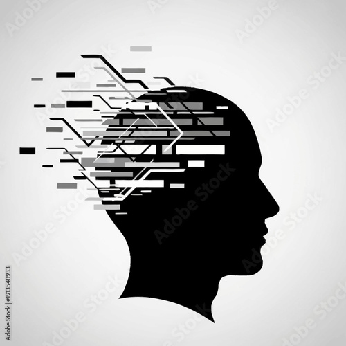 Silhouette of Human Head with Circuit Board Brain.