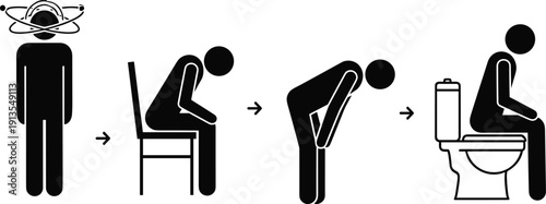 Stick figure sequence showing a person feeling dizzy then sitting and leaning forward to prevent fainting or syncope on a toilet.