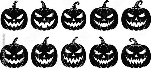 Jack-o’-lantern silhouette illustration set, ten black icons pumpkins carved faces varied expressions stem design, vector artwork, holiday and celebration theme, isolated background